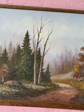 Vintage Green and Brown Forest Path Painting